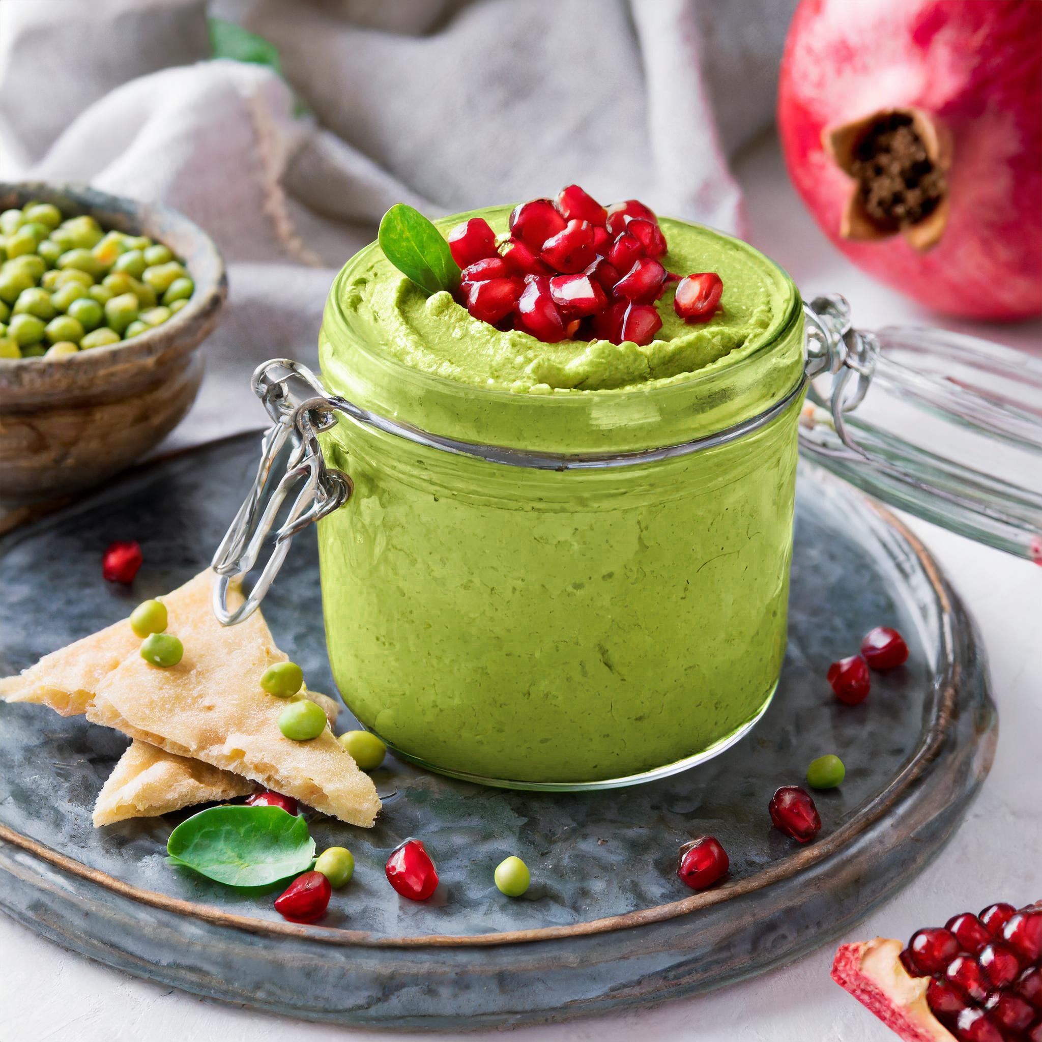 Leuchtend grünes Erbsen-Hummus im Glas, dekoriert mit roten Granatapfel-Kernen