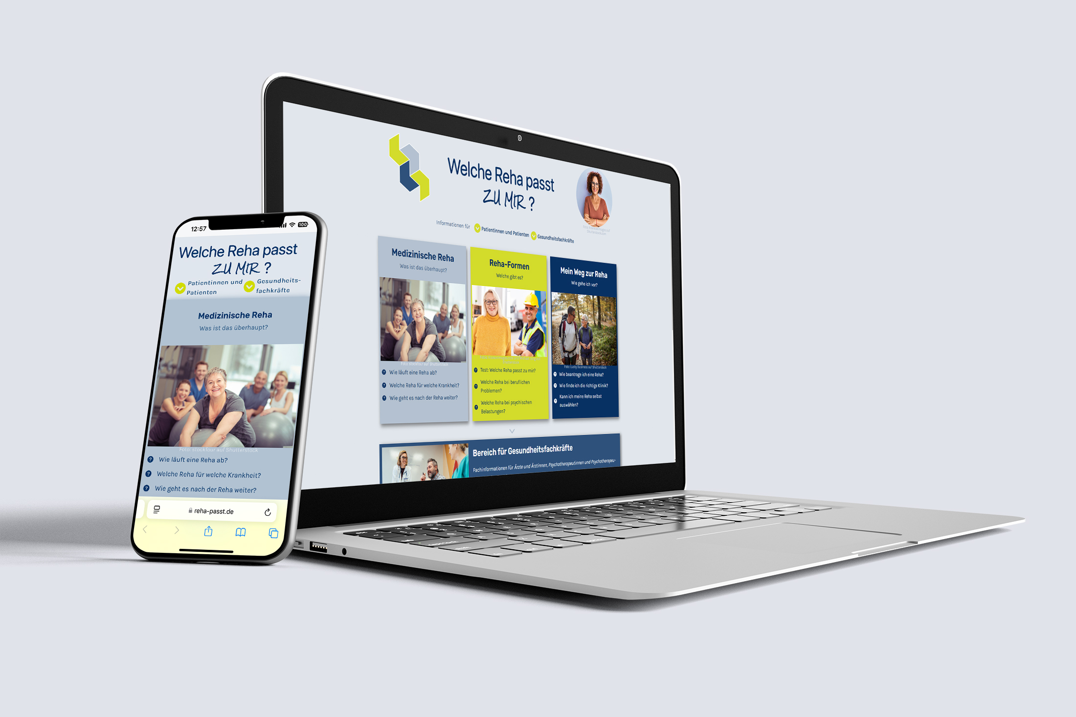 Smartphone und Laptop zeigen die Website „Welche Reha passt zu mir?“ mit klarer Struktur und moderner, benutzerfreundlicher Gestaltung.