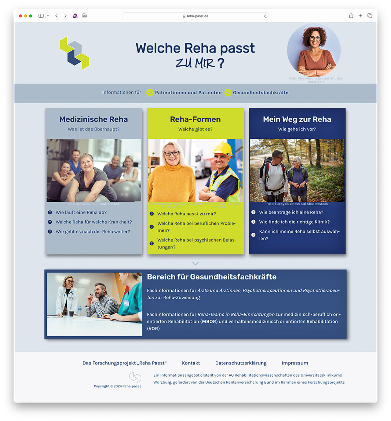 Screenshot der Website „Welche Reha passt zu mir?“ mit Infos für Patient:innen und Gesundheitsfachkräfte zu Reha-Formen und -Abläufen.
