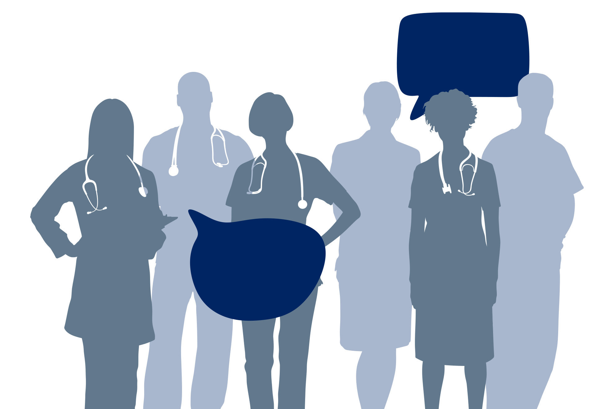 Illustration von vier fachlich unterschiedlichen Personen, die symbolisch miteinander kommunizieren – steht für Teamarbeit in der Reha.